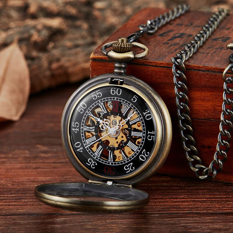 Flip Transparent Cover Engraved Magnifier Semi-Automatic Engraving Mechanical Pocket Watch Roman Numerals_voghion.com