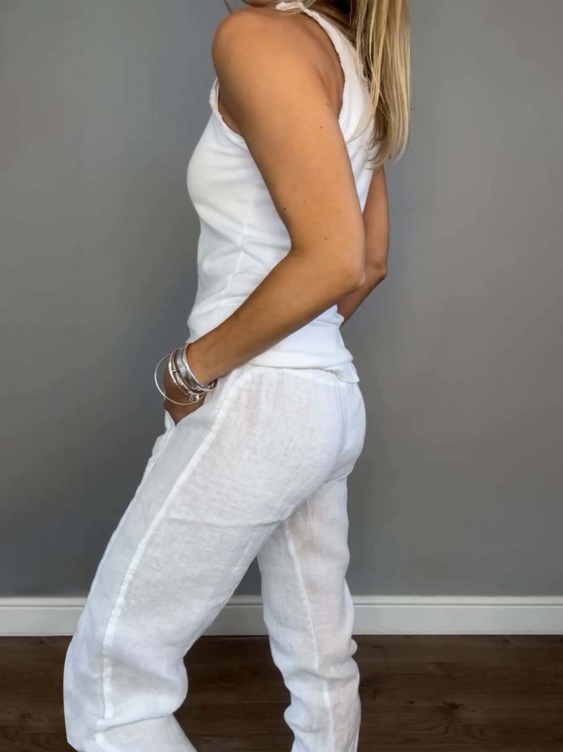 Women's Clothing Summer And Autumn Cotton And Linen Vest Drawstring Casual Pants Set_voghion.com