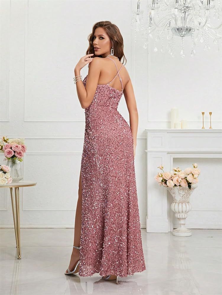 Women's Clothing Sequined Slim Fit Ball Gown Long Spaghetti Strap Party Dress Evening Dress_voghion.com