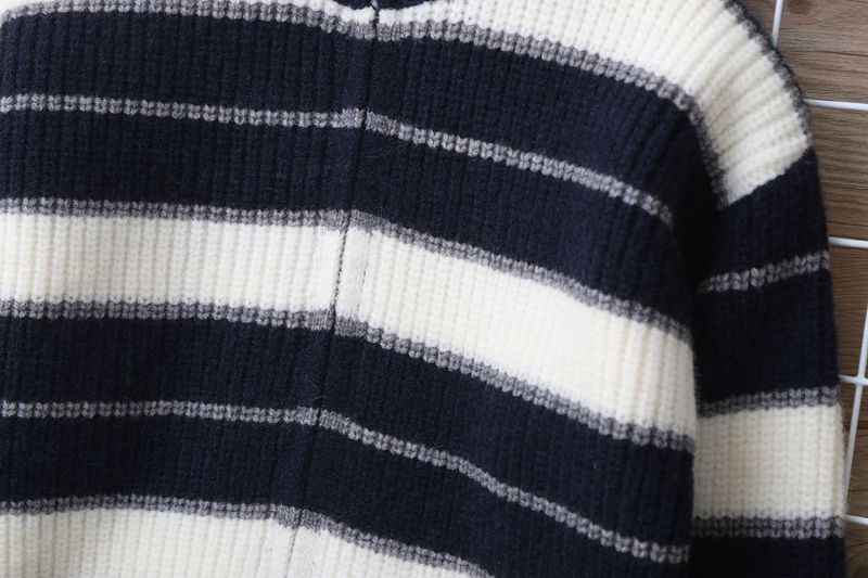 Strickjacke aus Lammwolle für Mutter und Kind, weicher, warmer Strickpullover für große Kinder (ab 8 Jahren), gestreiftes Design, lange Ärmel, Stehkragen (Grau/Marineblau)_voghion.com