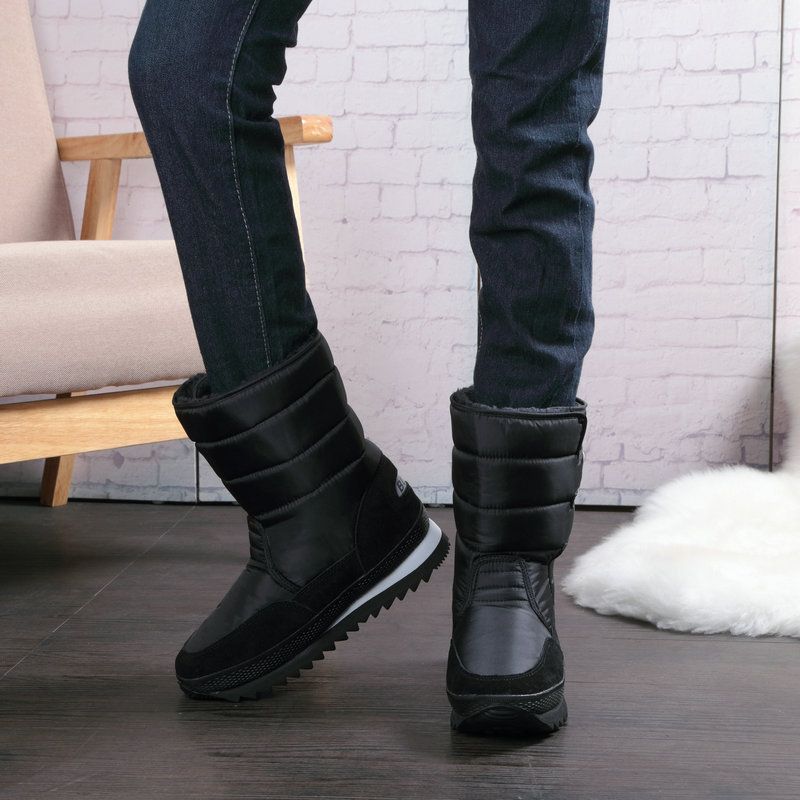 Neun Farben Schneeflocke Schnee Baumwolle Herrenstiefel Schwarz Flache, wadenlange, wasserabweisende, verdickte Winterschuhe_voghion.com