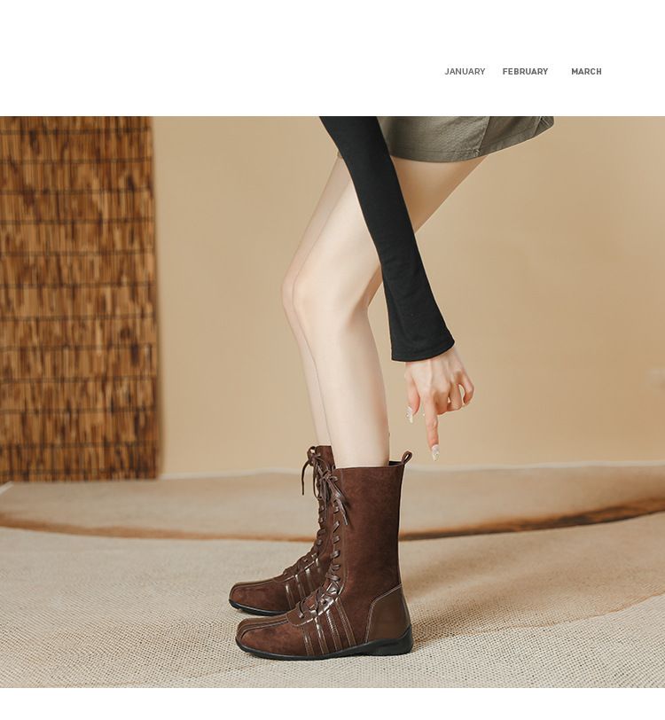 Koreaanse nieuwe retro ridder korte laarzen dames 2025 herfst en winter laarzen veter western laarzen niche platte zool kleur bijpassende korte laarzen_voghion.com