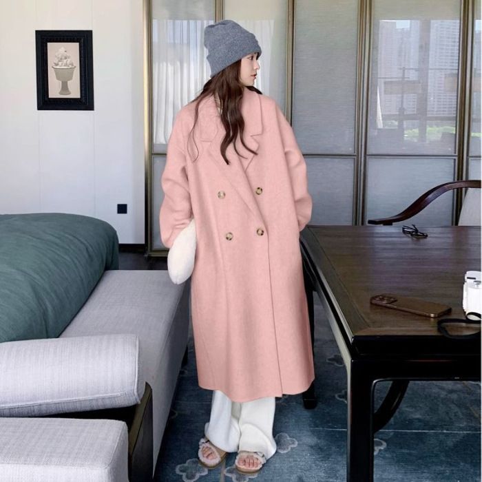Grauer zierlicher Wollmantel im koreanischen Stil für Damen, Herbst und Winter 2024, neues Design, mittellanger, verdickter Mantel_voghion.com