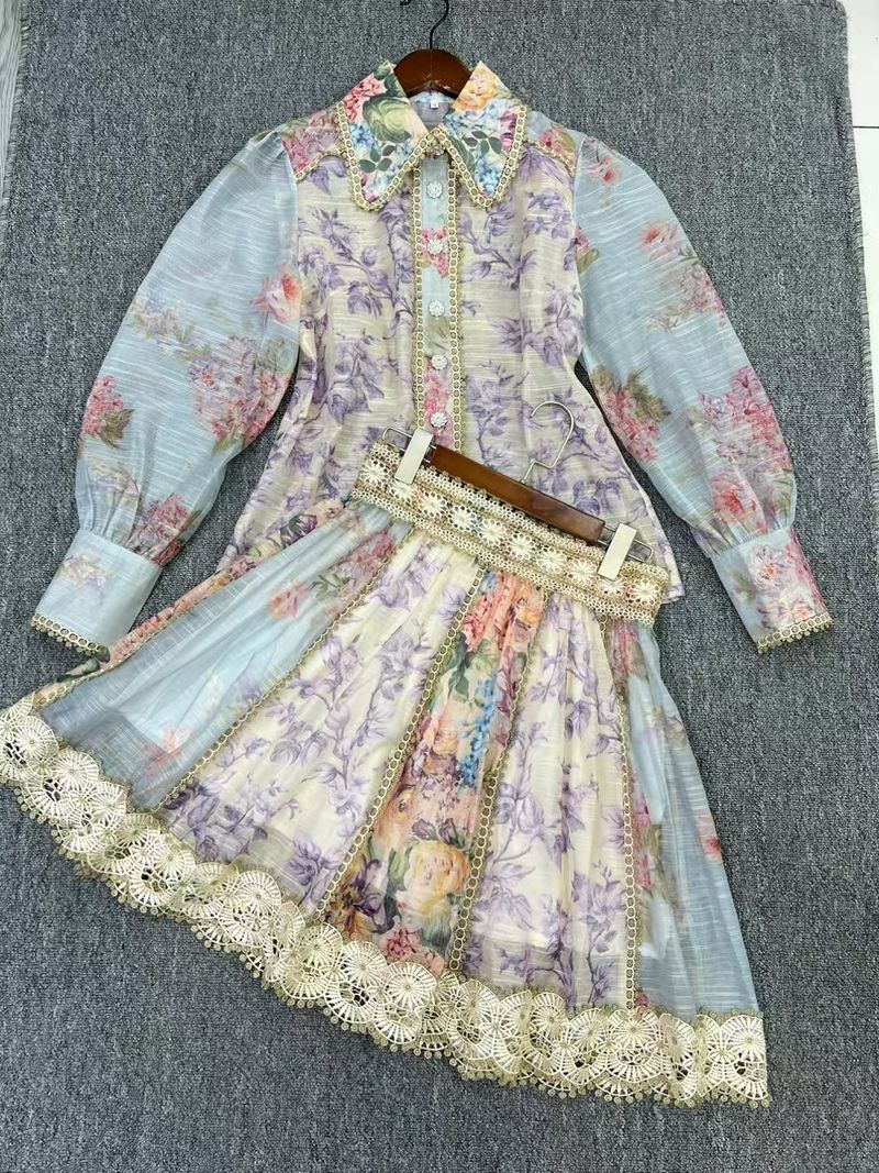 Completo da donna con gonna e top in pizzo stampato a maniche lunghe e design pesante, dieci pezzi_voghion.com