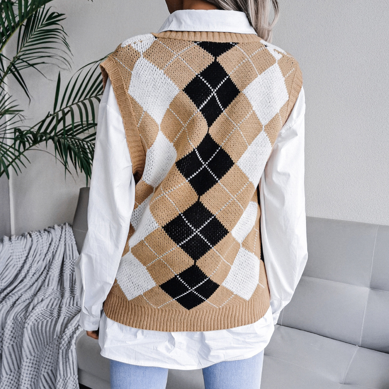 Vêtements pour femmes automne et hiver style collégial losange col en v décontracté gilet tricoté ample pull vêtements pour femmes_voghion.com
