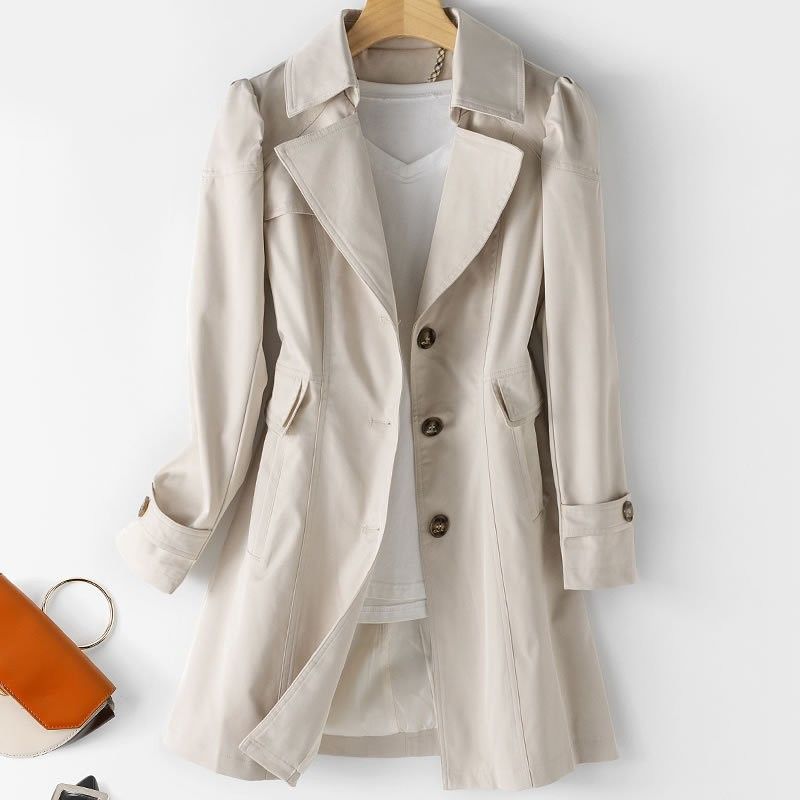 Trench slim fit da donna, giacca casual a maniche lunghe di media lunghezza con colletto a revers (cachi, rosa, nero, beige)_voghion.com