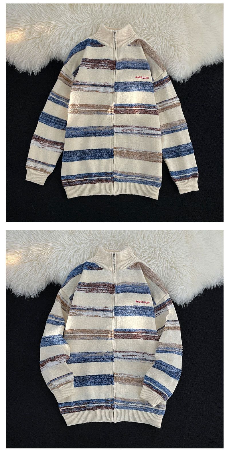 Retro Çizgili Fermuarlı Hırka - Renk Bloklu Yaka ve Vintage Amerikan Estetiğiyle Unisex Sonbahar Örgüsü_voghion.com