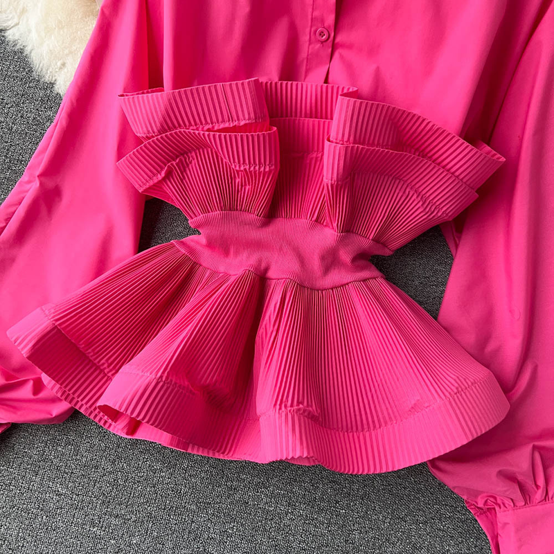 Abbigliamento Donna Camicie a maniche lunghe per donna con un design di nicchia, volant plissettati tridimensionali, vita sottile e versatili top primaverili per donna_voghion.com