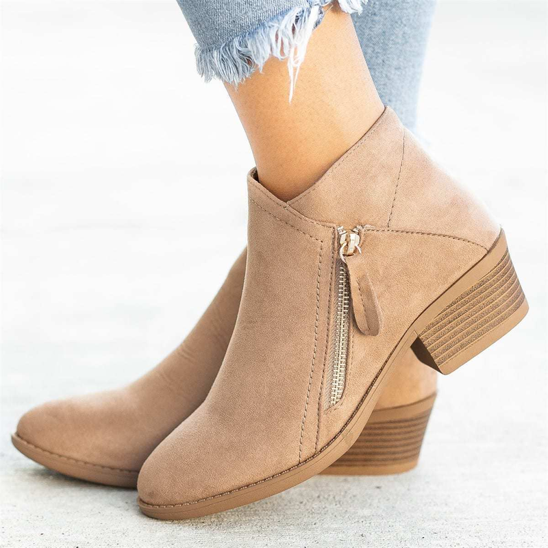 2023 automne nouvelles bottes pour femmes européennes et américaines bout rond fermeture à glissière latérale talon épais bottes en cuir pour femmes grande taille mode couleur unie_voghion.com