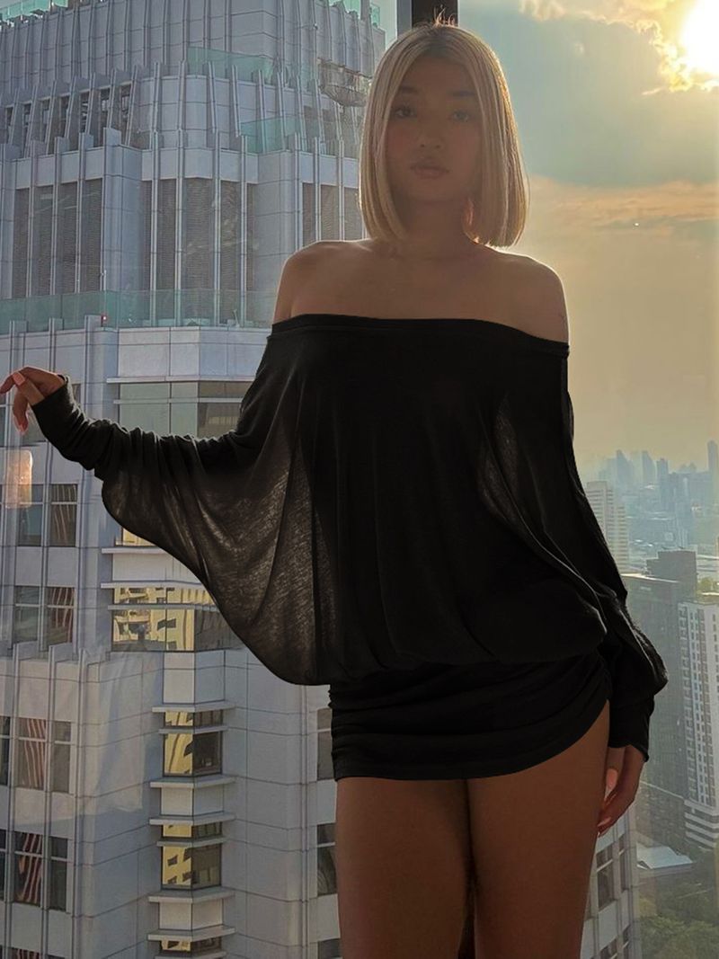 Gustyins Fashion Hot Girl Sexy Off-Shoulder Draped Bodycon Sweet Spicy Chic Pure Desire Dress_voghion.com