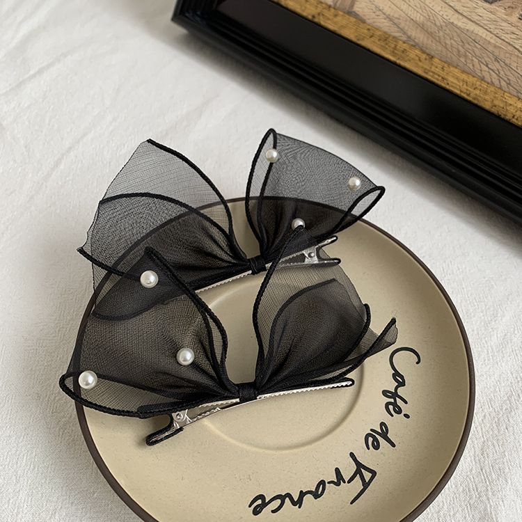 Forcina per capelli con fiocco in maglia nera per donna, stile temperamento di alta qualità, clip laterale Mori, bellissima clip laterale_voghion.com