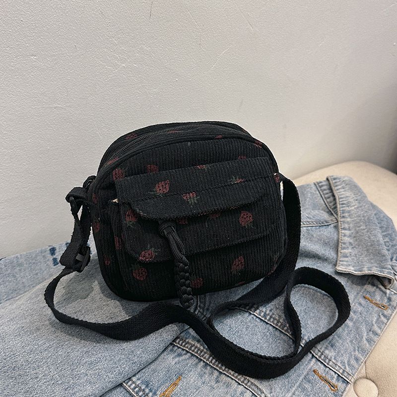 Borsa a tracolla casual in velluto a coste stile coreano, piccola, per donna, 2024, nuova moda, con stampa di fragole, per telefono_voghion.com