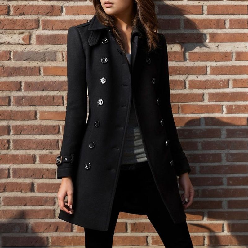 Damenbekleidung Zweireihiger Wollmantel Langer Trenchcoat Mit Taschen Slim Fit Lässige Herbst-Winterjacke_voghion.com