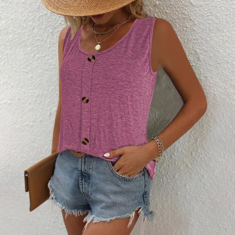 Canotta casual estiva da donna con bottoni - Morbido poliestere elasticizzato, vestibilità slim, scollo tondo, colori a tinta unita (nero, rosa, grigio)_voghion.com