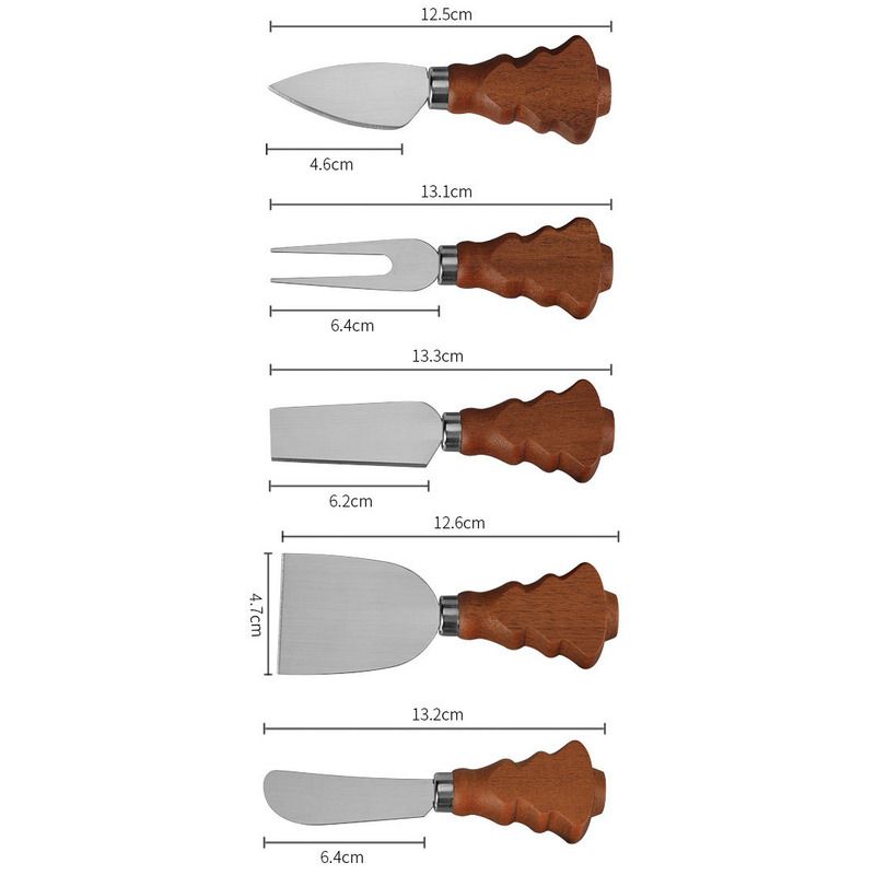 Christmas Tree Handle Acacia Wood Cheese Knife And Fork 6-Piece Set With Wooden Stand_voghion.com