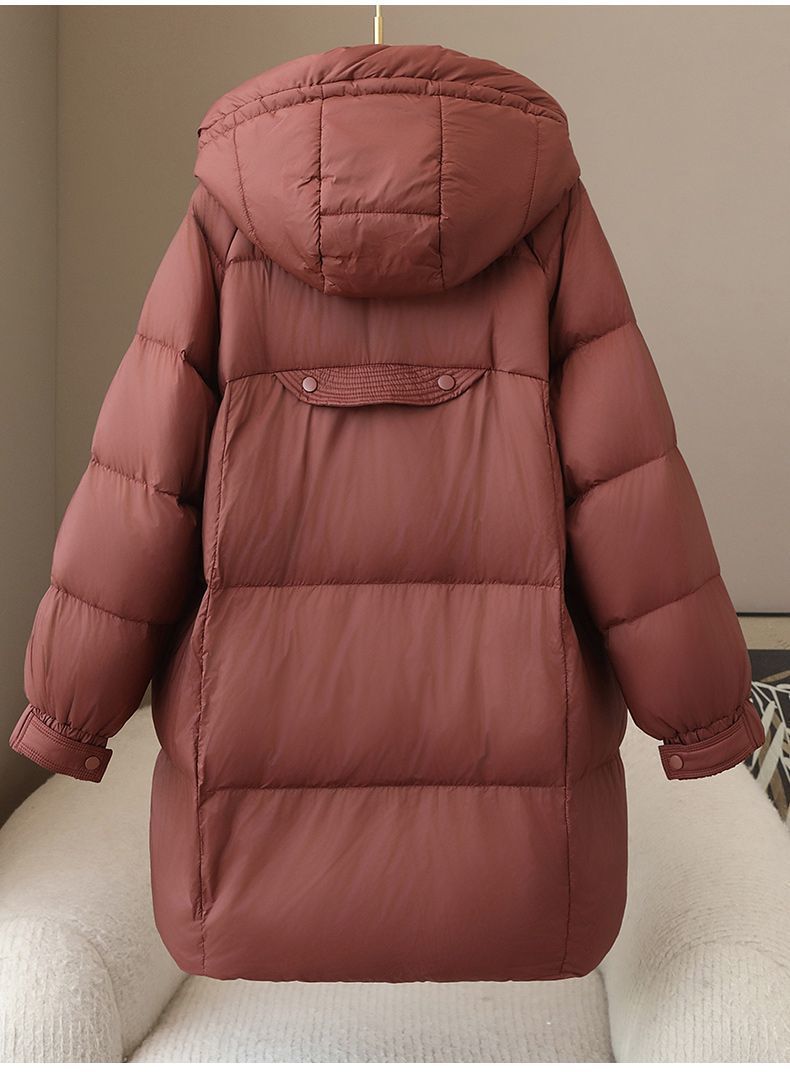 "Women's Fashion Hooded Down Jacket, 90% White Duck Feather Filling, Long Coat For Winter, Loose Fit, Zipper Closure, Multiple Pockets,_voghion.com