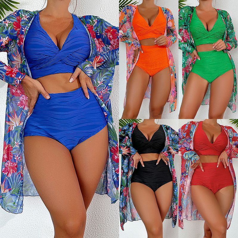costume da bagno in tre pezzi diviso da donna a maniche lunghe bikini celebrità di Internet a vita alta tinta unita_voghion.com