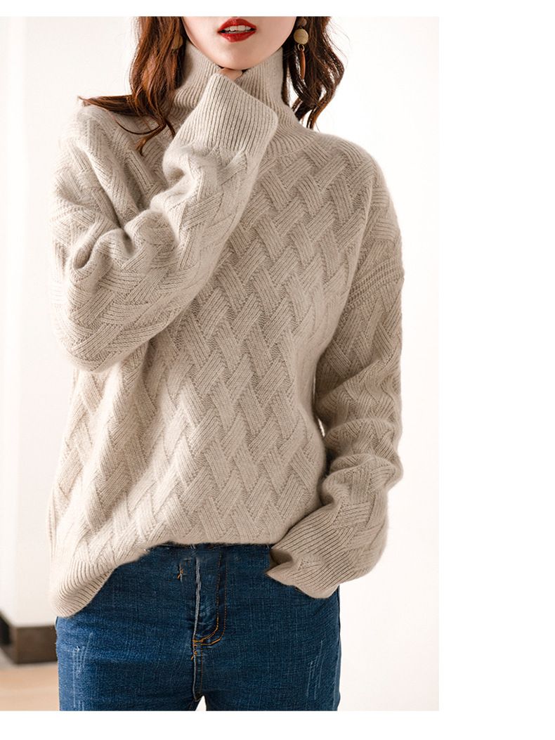 Maglione caldo a coste con collo alto per donna, autunno inverno 2024, nuova maglia base coreana spessa, stile allentato e pigro_voghion.com