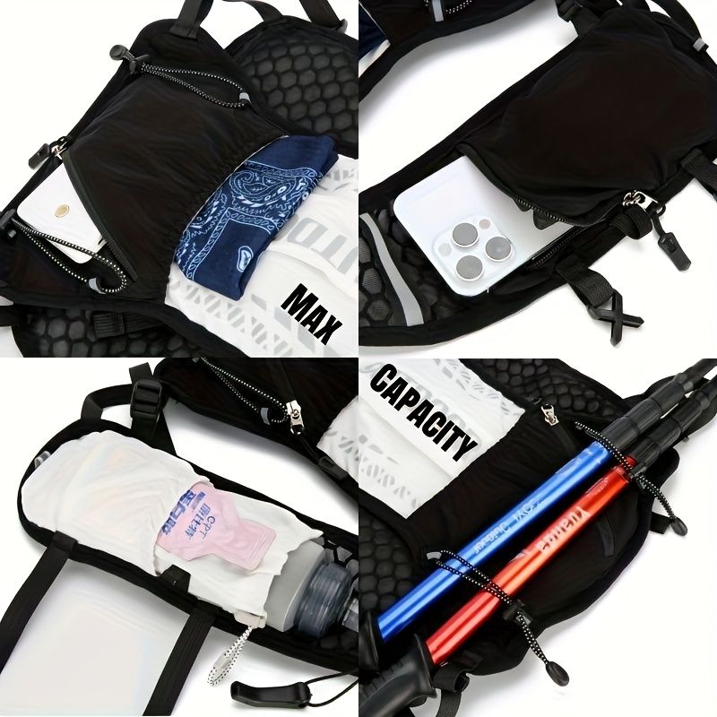 Unisex Black Multifunctional Running Vest - Lightweight Water Bag And Hydration System, Equipped With Survival Whistle, Adjustable Shoulder Strap,_voghion.com