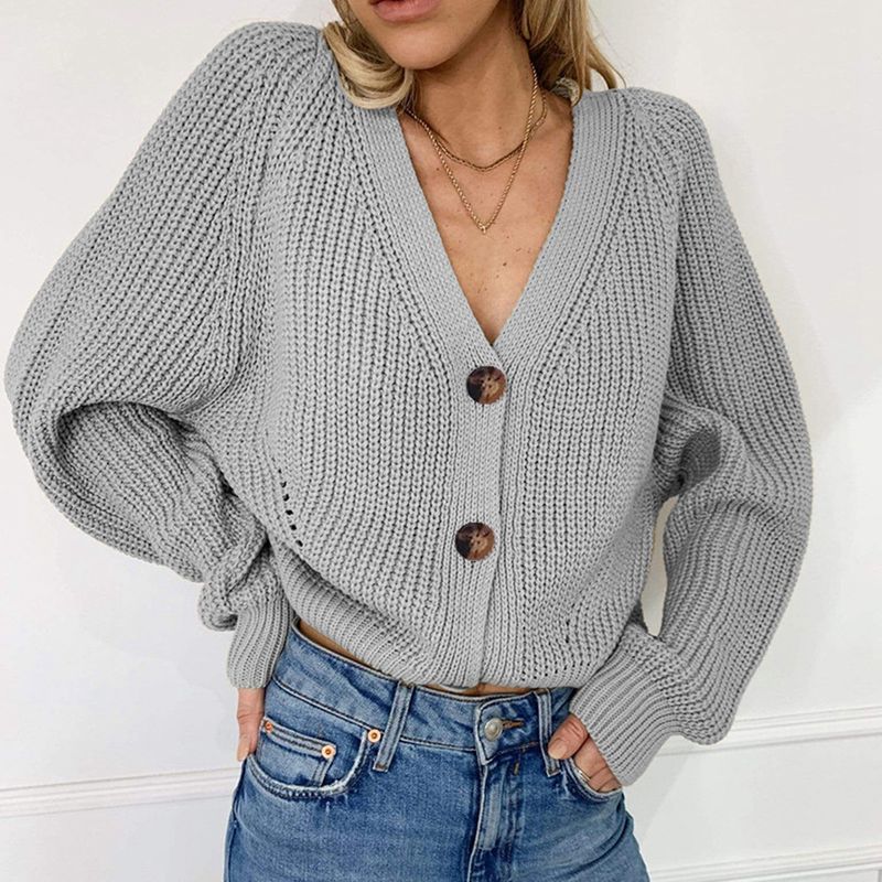 Suéter cárdigan de punto de otoño para mujer: abrigo abierto con cuello en V suave y botones delanteros, mangas farol holgadas, ropa informal y de oficina versátil._voghion.com