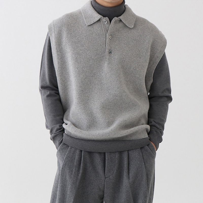 Frühlings-ärmelloser Umlegekragenpullover für Herren, lockerer koreanischer Stil, trendige, vielseitige Strickweste, Weste_voghion.com