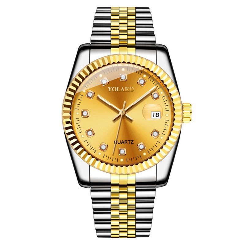 Reloj de acero inoxidable con calendario para hombre y mujer, con diamantes dorados y calendario para sala de negocios_voghion.com