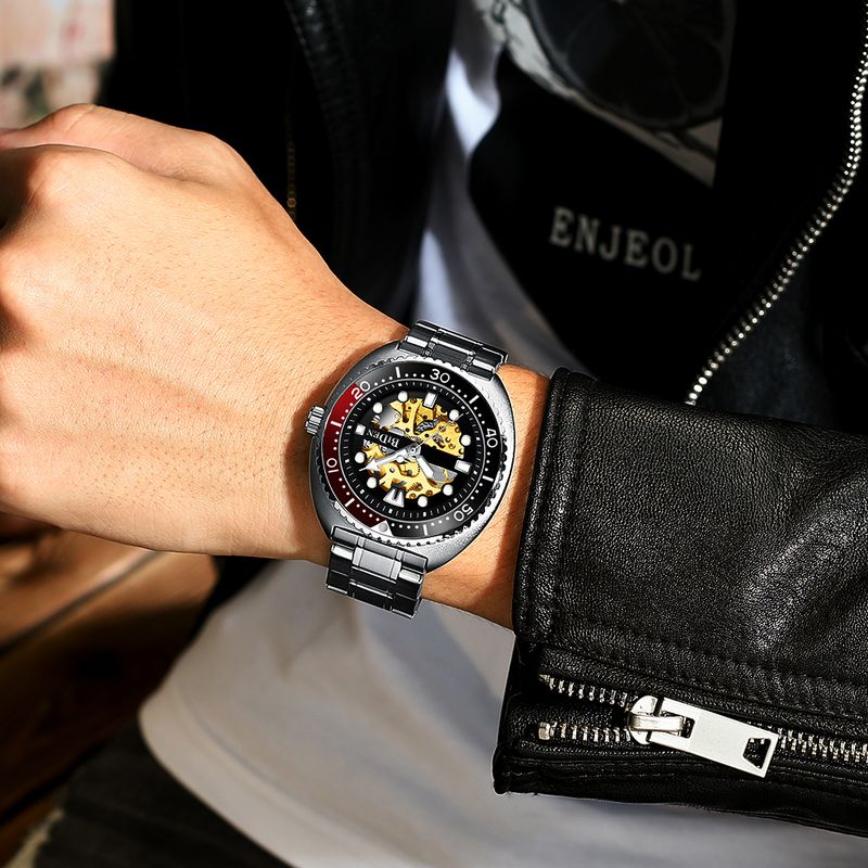 Montre mécanique classique BIDEN pour homme, marque de luxe, automatique, lunette rotative, cadran lumineux, livrée avec un écrin_voghion.com