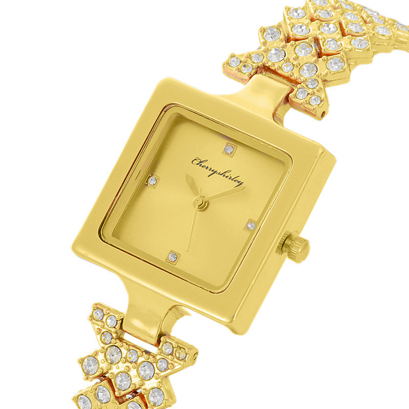 Reloj de pulsera de cuarzo para mujer, banda de acero de estilo coreano, cuadrado, lleno de diamantes, 2024_voghion.com