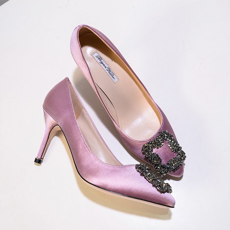 En stock Une pièce Dropshipping MB Por Escarpins à talons hauts et fins pour femmes, bout carré pointu, boucle unique en forme de flocon de neige et strass_voghion.com