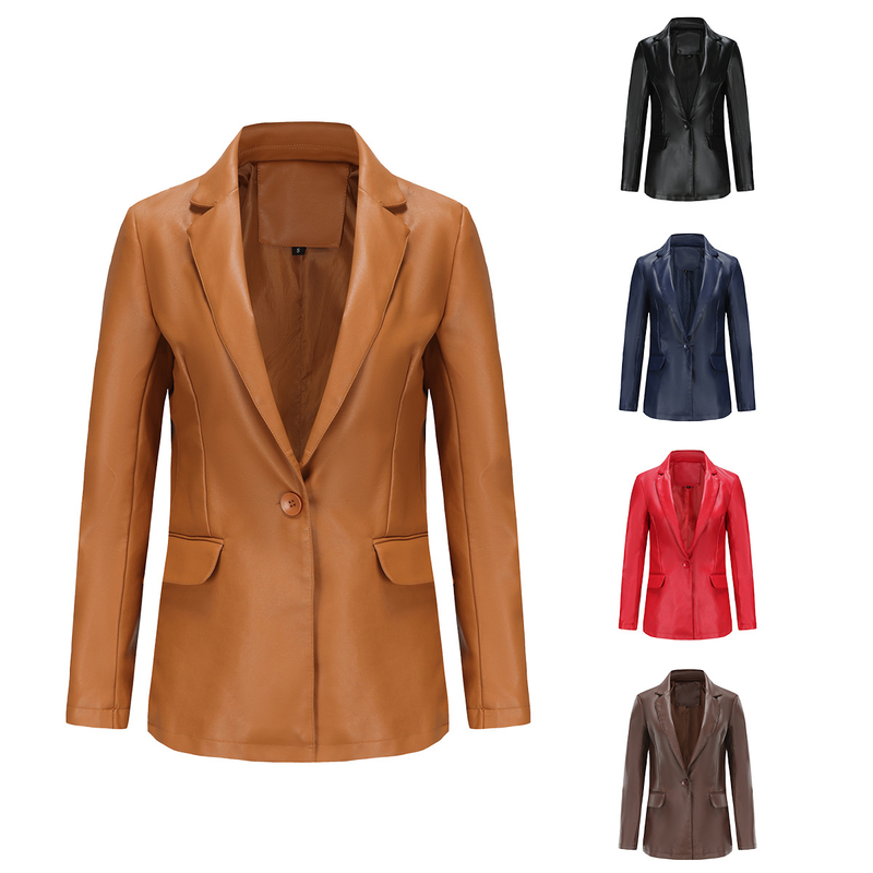 Nouveau petit blazer à manches longues pour femme, veste en cuir décontractée à bouton unique, couleur unie, 2023_voghion.com