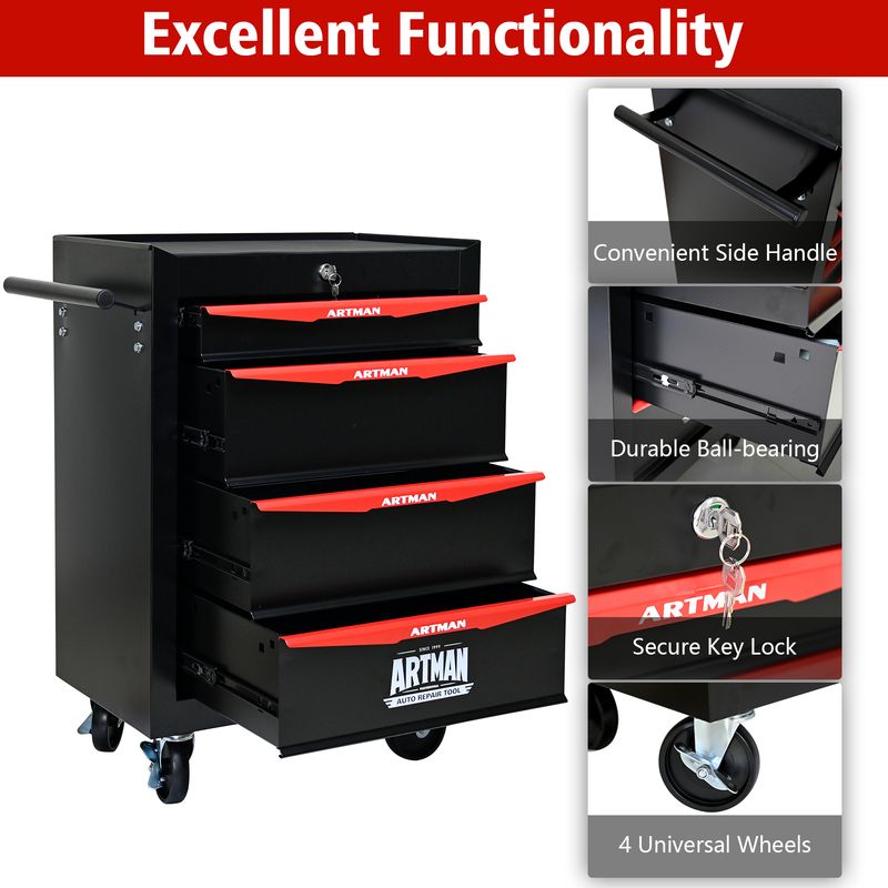 Rolling Metal Tool Chest With 4 Drawers, 20" 4-Drawer Tool Chest Cabinet With Ball Bearing Drawer Slides, Steel Tool Storage Box Organizer -BLACK&RED_voghion.com