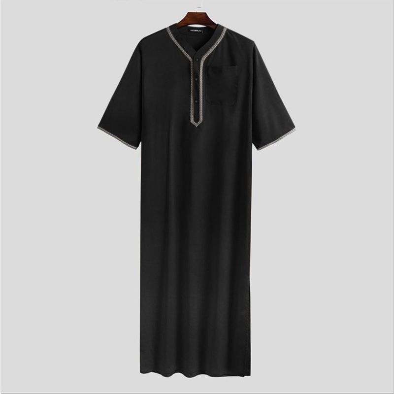 Jubba Thobe muçulmano cor sólida botão quimono robe médio camisa muçulmana saudita gola alta kaftan árabe islâmico masculino_voghion.com
