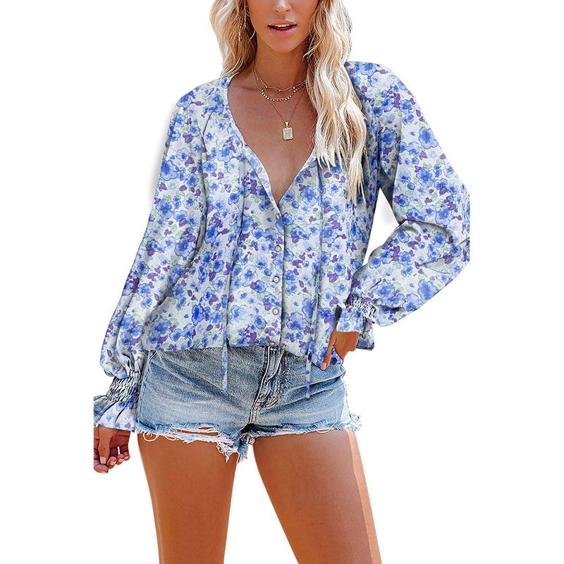 Women's Clothing Loose V-neck Pullover Casual Top Long Sleeved Floral Lotus Leaf Sleeved Chiffon Shirt_voghion.com