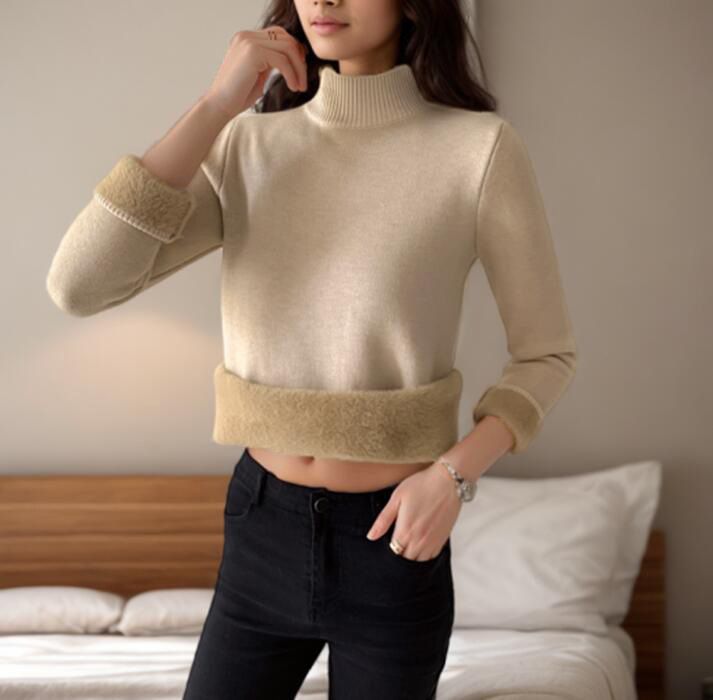 Chemise une pièce en velours à demi-col roulé pour femmes, automne et hiver, couleur unie, tricoté, pull en velours_voghion.com