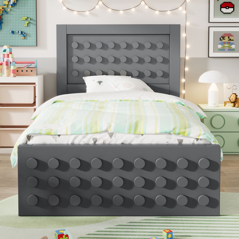 Holzbett 90x200cm mit Blockdesign, Massivholz, Schubladen, Grau_voghion.com