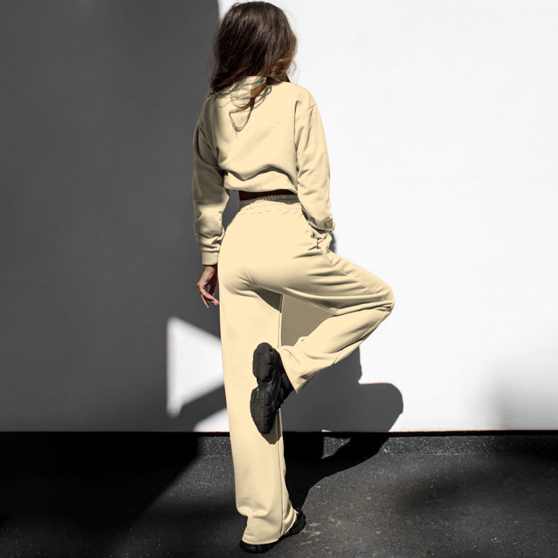 Women's solid color zipper double bag drawstring long sleeve shirt fashion casual long pantsuit_voghion.com