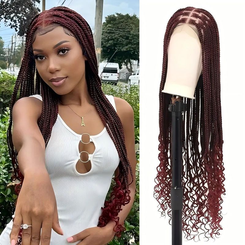 Full Lace Crochet Hair Wig - Three Strand Braid, Box Braids, Dirty Braids Extensions With Flower Tail_voghion.com
