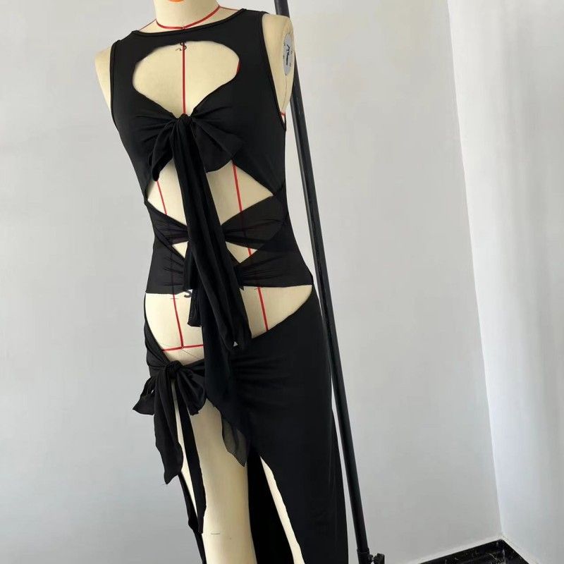 Moda femminile Pannelli in rete trasparente Ritagli Fessure per cravatte Abiti senza maniche irregolari_voghion.com