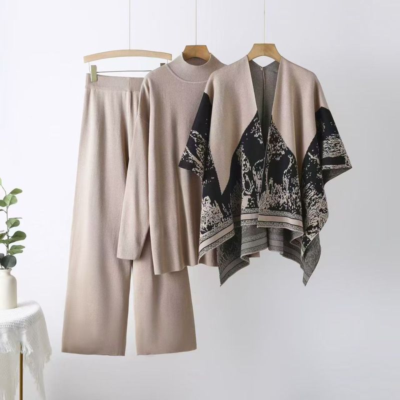 Fashion 3-Piece Set: Shawl Cardigan + Oversized Sweater + Wide Leg Pants – Elegant Office & Casual Outfit, Wrinkle-Free Polyester, Plus Size Friendly_voghion.com