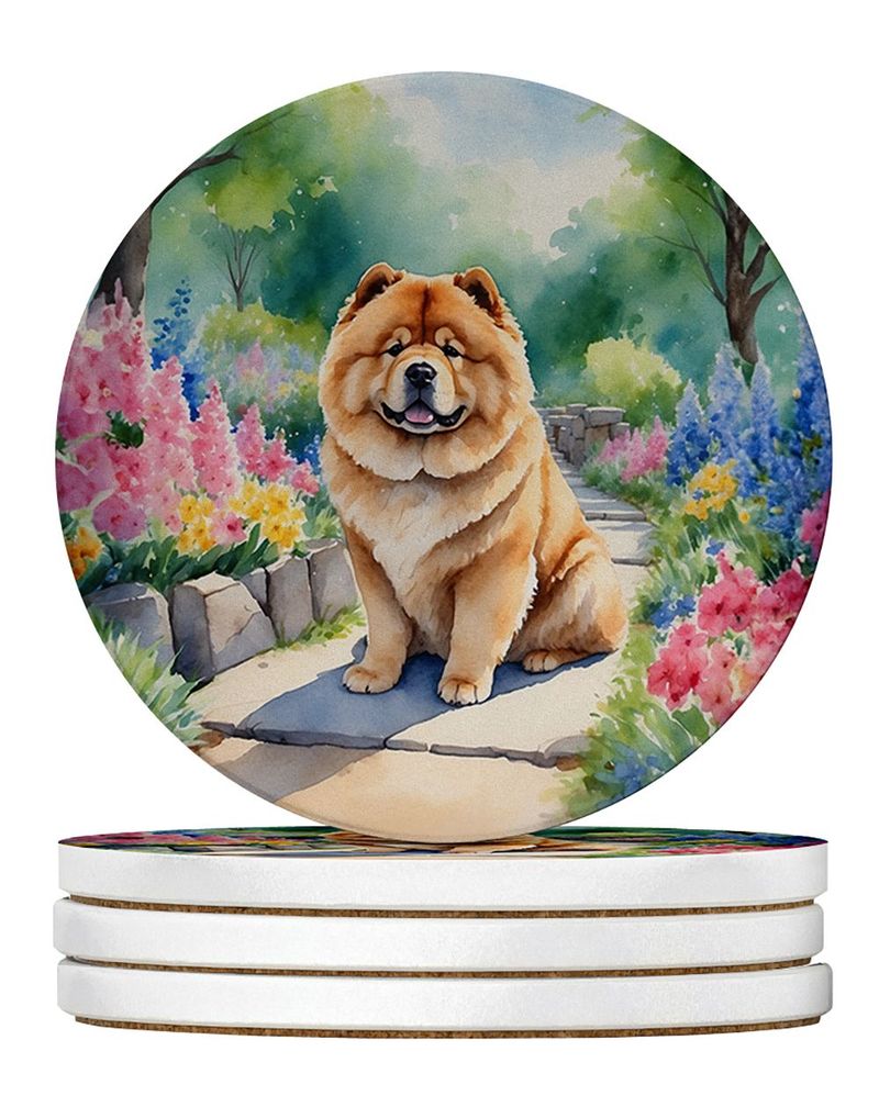 Chow Chow Spring Path Large Sandstone Coasters Pack Of 4 Absorbent Round Coasters Decor Gifts For Men Or Women, 4 In, Multicolor_voghion.com