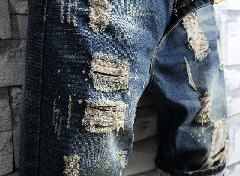 Herren-Jeans-Shorts, Retro-zerrissene, schmale, verkürzte Herren-Patch-Hose_voghion.com