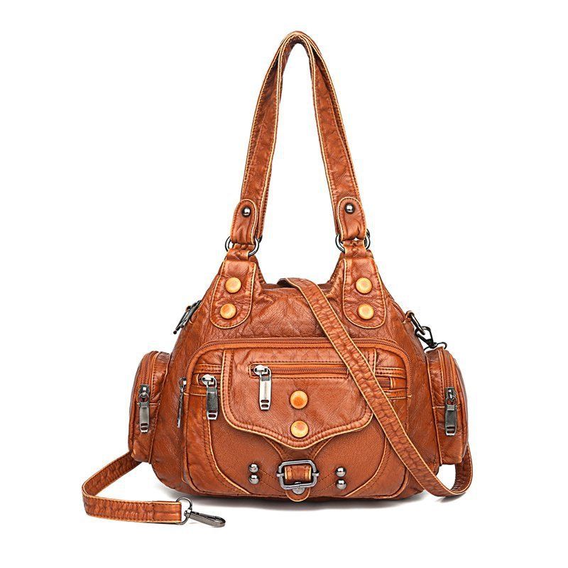 Borsa da donna in pelle lavata di alta qualità, borsa tote in morbida pelle con rivetti retrò, borsa a tracolla multitasche di grande capacità_voghion.com
