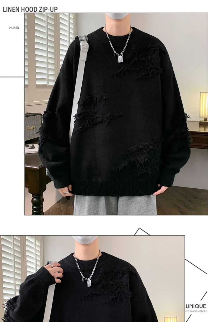 Maglione girocollo giapponese retrò tinta unita per uomo in autunno inverno, tendenza ampia e rilassata, maglia di base pullov aderente_voghion.com