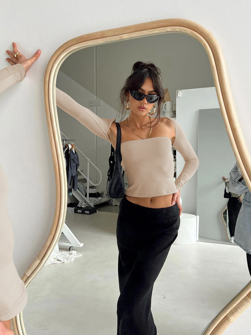 Sexy T-skjorte med tubetopp og langermet tettsittende bluse til dame, todelt sett med topper_voghion.com