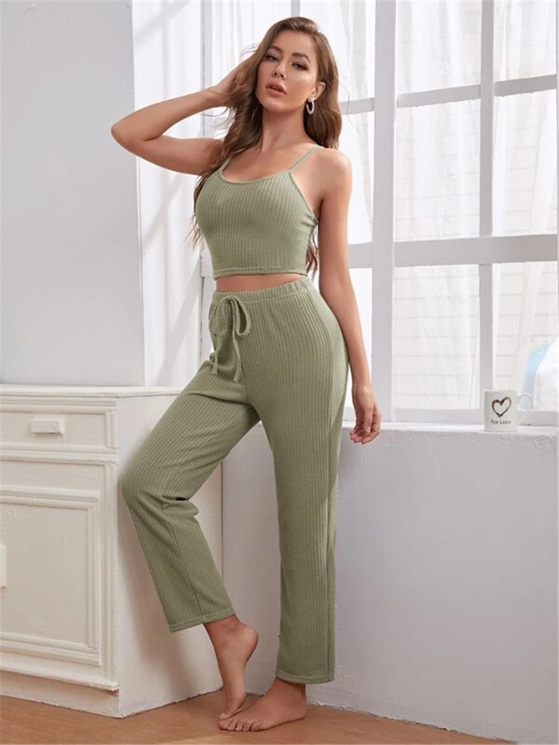 Women's home wear women's Waffle knit halter top trousers robe pajamas three sets_voghion.com