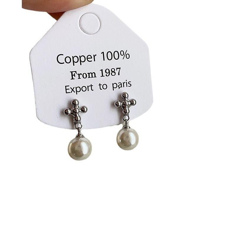 Orecchini a forma di croce con piccoli fiori e perle in stile Nana Ouyang per donna, stile di nicchia, con piastra antizanzara, non forati_voghion.com