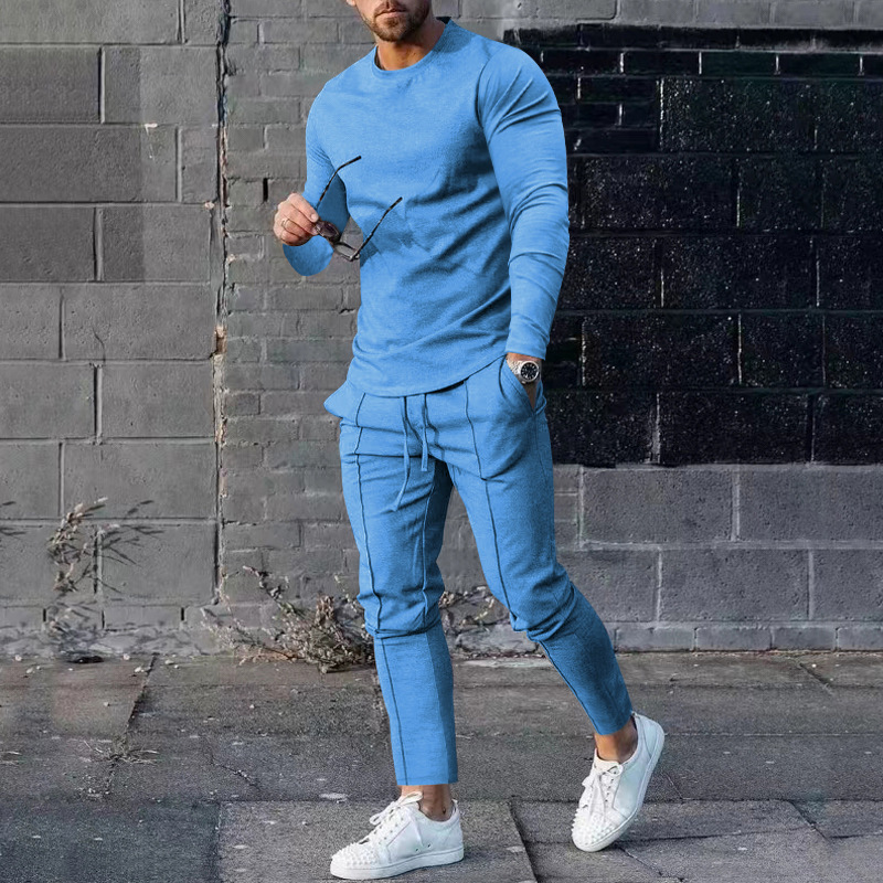 Set di abbigliamento da uomo per il tempo libero, stile primaverile e autunnale, girocollo ampio, maglietta a maniche lunghe, pantaloni lunghi, set a due pezzi, abbigliamento sportivo casual da uomo_voghion.com