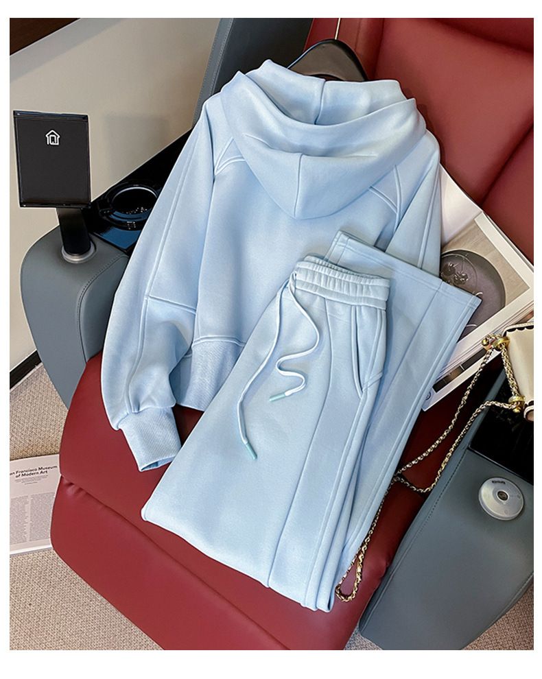 Completo da donna con felpa con cappuccio in pile e pantaloni a gamba larga: comodo completo casual in due pezzi con fodera in velluto per autunno e inverno_voghion.com