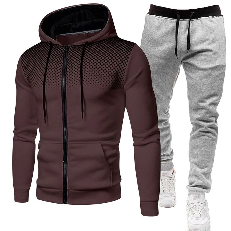 Autumn Winter Fleece Polka Unisex Sports Hoodie Dot Men Solid Color Zipper Sweatshirt Sweatpants Set_voghion.com