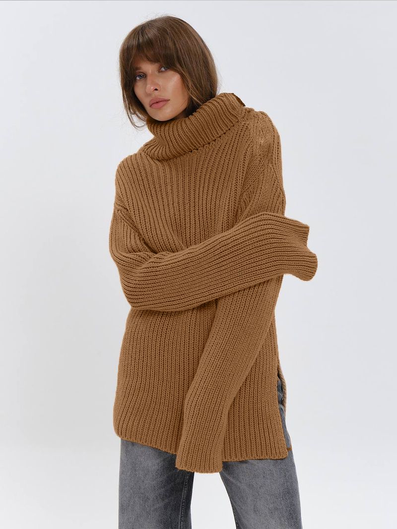 Pull oversize à col montant pour femme – Haut en tricot acrylique doux avec fentes latérales | Pull décontracté d'hiver (blanc/violet/vert)_voghion.com